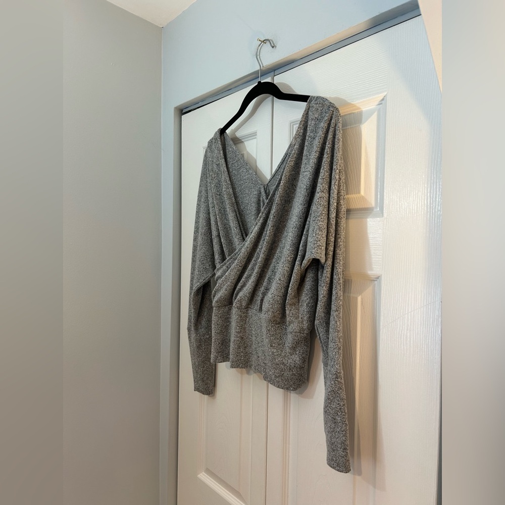 Express Gray Faux Wrap Top XS Long Sleeve Surplice Soft Knit Blouse - Picture 2 of 6